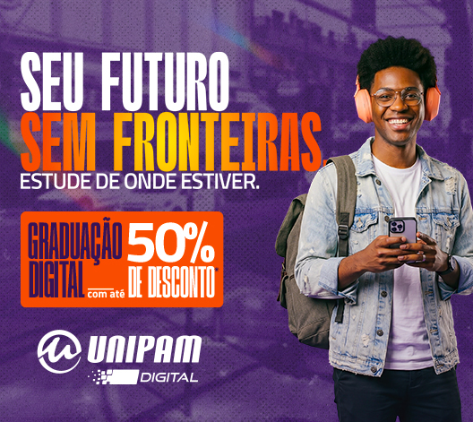 Jovem sorrindo usando fones de ouvido e segurando um celular, representando a liberdade e flexibilidade da graduação digital. Ao lado, o texto ‘Seu futuro sem fronteiras. Estude de onde estiver.’ destaca a possibilidade de estudar em qualquer lugar, acompanhado de uma promoção de até 50% de desconto nos cursos digitais da UNIPAM.’