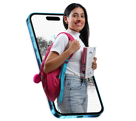 Uma jovem estudante sorridente, usando uma mochila rosa e segurando um livro, emerge de dentro da tela de um grande smartphone, simbolizando o ensino a distância ou aprendizado móvel.